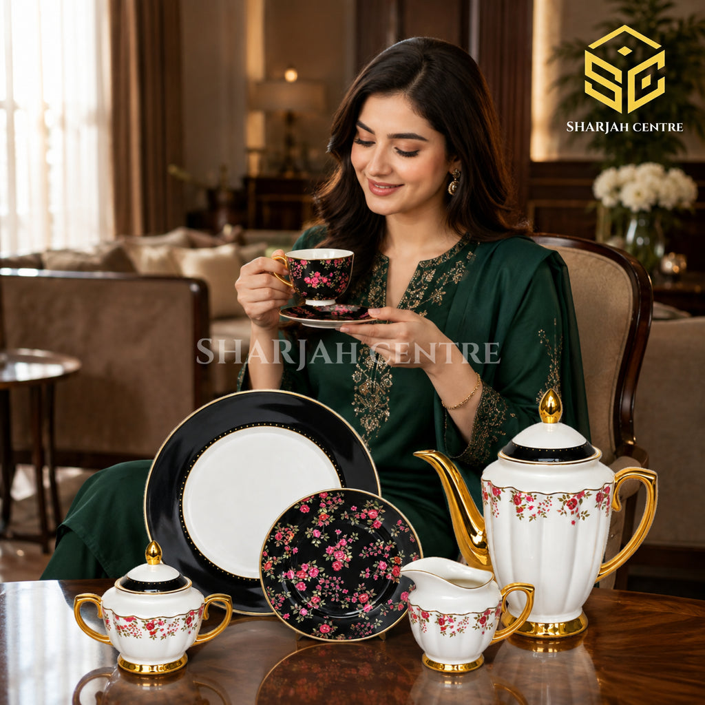 Johanson Bros England 24-piece Super Bone tea set with 6 person serving, black panels, pink roses and gold-tone accents model bg