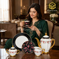 Johanson Bros England 24-piece Super Bone tea set with 6 person serving, black panels, pink roses and gold-tone accents model bg