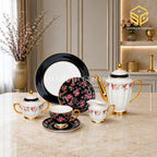 Johanson Bros England 24-piece Super Bone tea set with 6 person serving, black panels, pink roses and gold-tone accents color bg