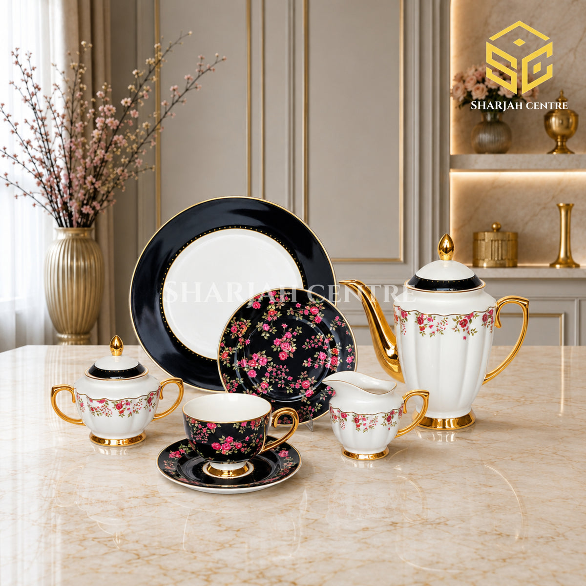 Johanson Bros England 24-piece Super Bone tea set with 6 person serving, black panels, pink roses and gold-tone accents color bg
