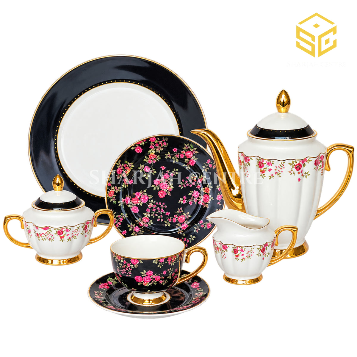 Johanson Bros England 24-piece Super Bone tea set with 6 person serving, black panels, pink roses and gold-tone accents white bg