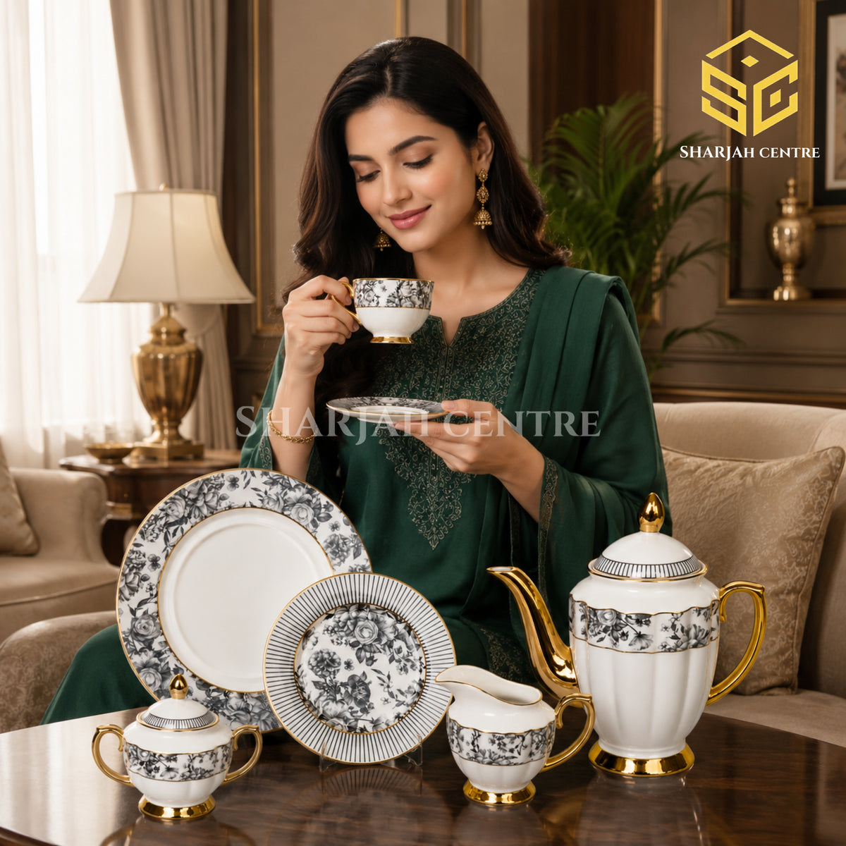 Johanson Bros England 24-piece Super Bone tea set with 6 person serving, black rose pattern and gold-tone accents model bg