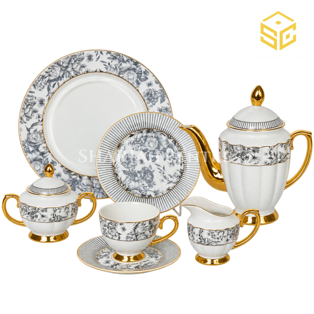 Johanson Bros England 24-piece Super Bone tea set with 6 person serving, black rose pattern and gold-tone accents white bg