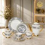 Johanson Bros England 24-piece Super Bone tea set with 6 person serving, black rose pattern and gold-tone accents color bg