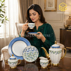 Johanson Bros England 24-piece tea set with 6 person serving, blue and green botanical pattern and gold-tone accents model bg
