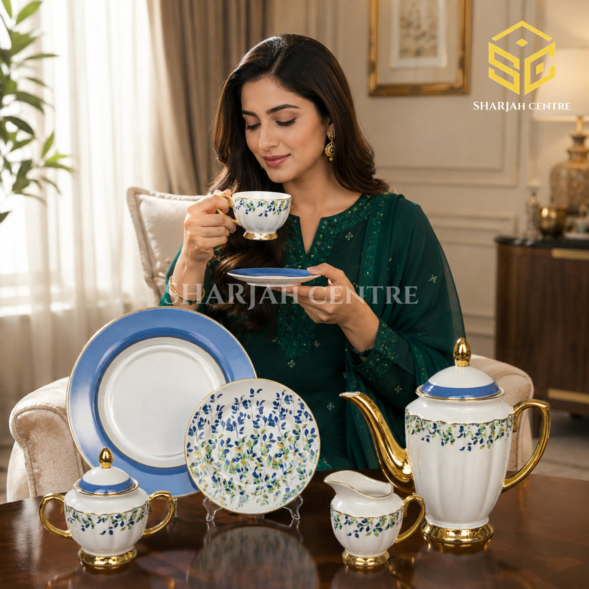 Johanson Bros England 24-piece tea set with 6 person serving, blue and green botanical pattern and gold-tone accents model bg