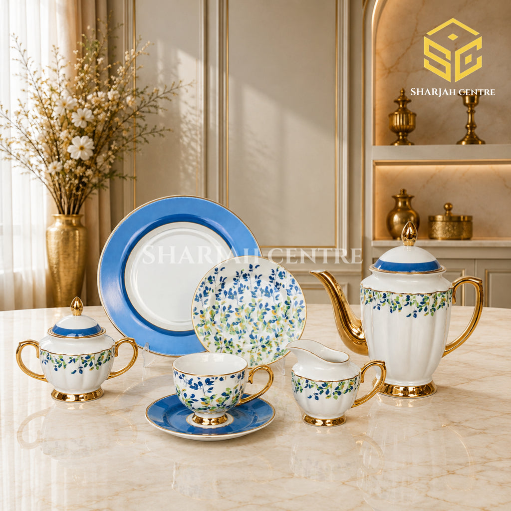 Johanson Bros England 24-piece tea set with 6 person serving, blue and green botanical pattern and gold-tone accents color bg