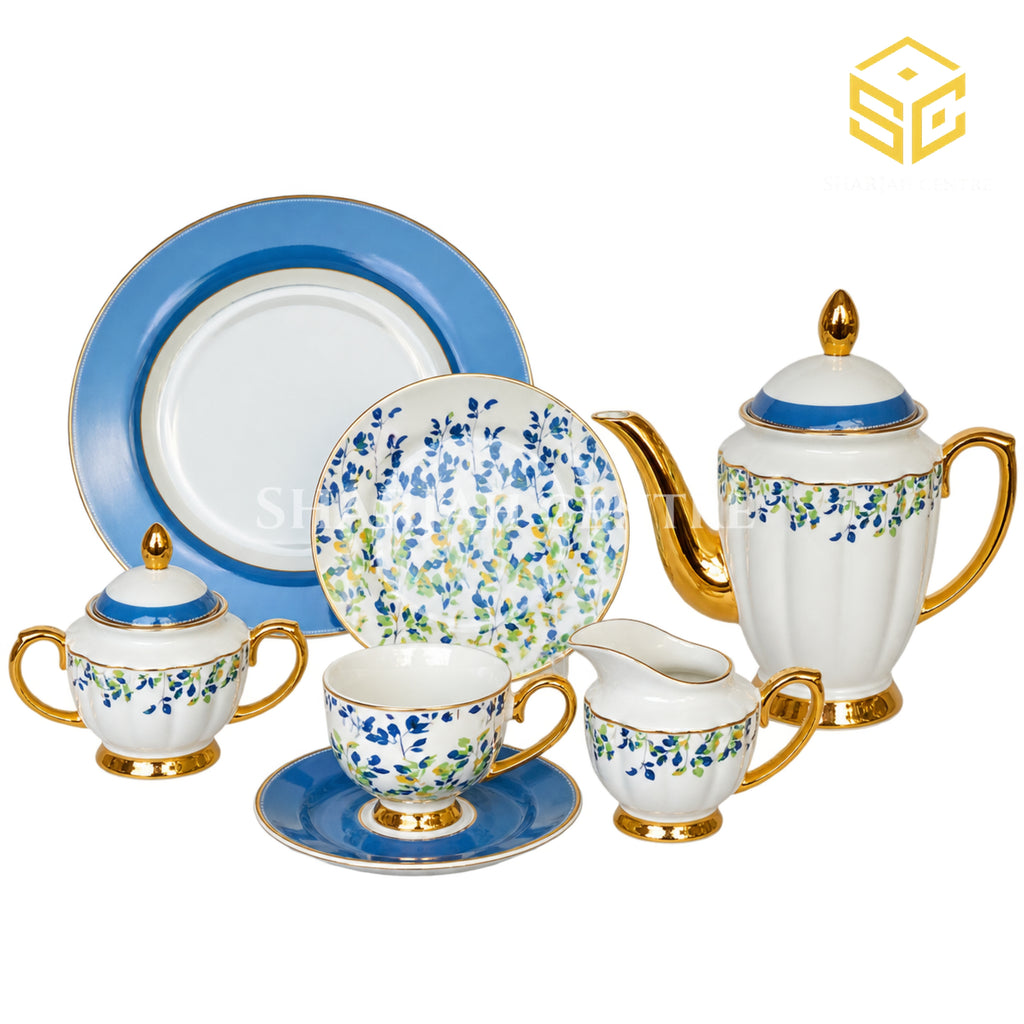 Johanson Bros England 24-piece tea set with 6 person serving, blue and green botanical pattern and gold-tone accents white bg