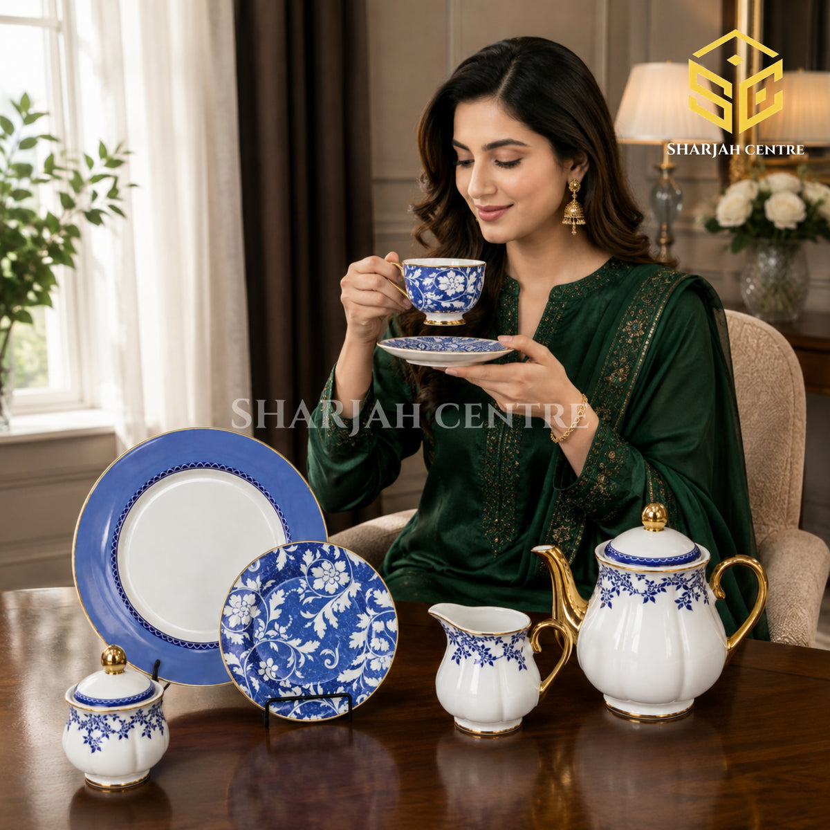 Johanson Bros England 24-piece Super Bone tea set with 6 person serving, blue floral pattern and gold-tone accents model bg