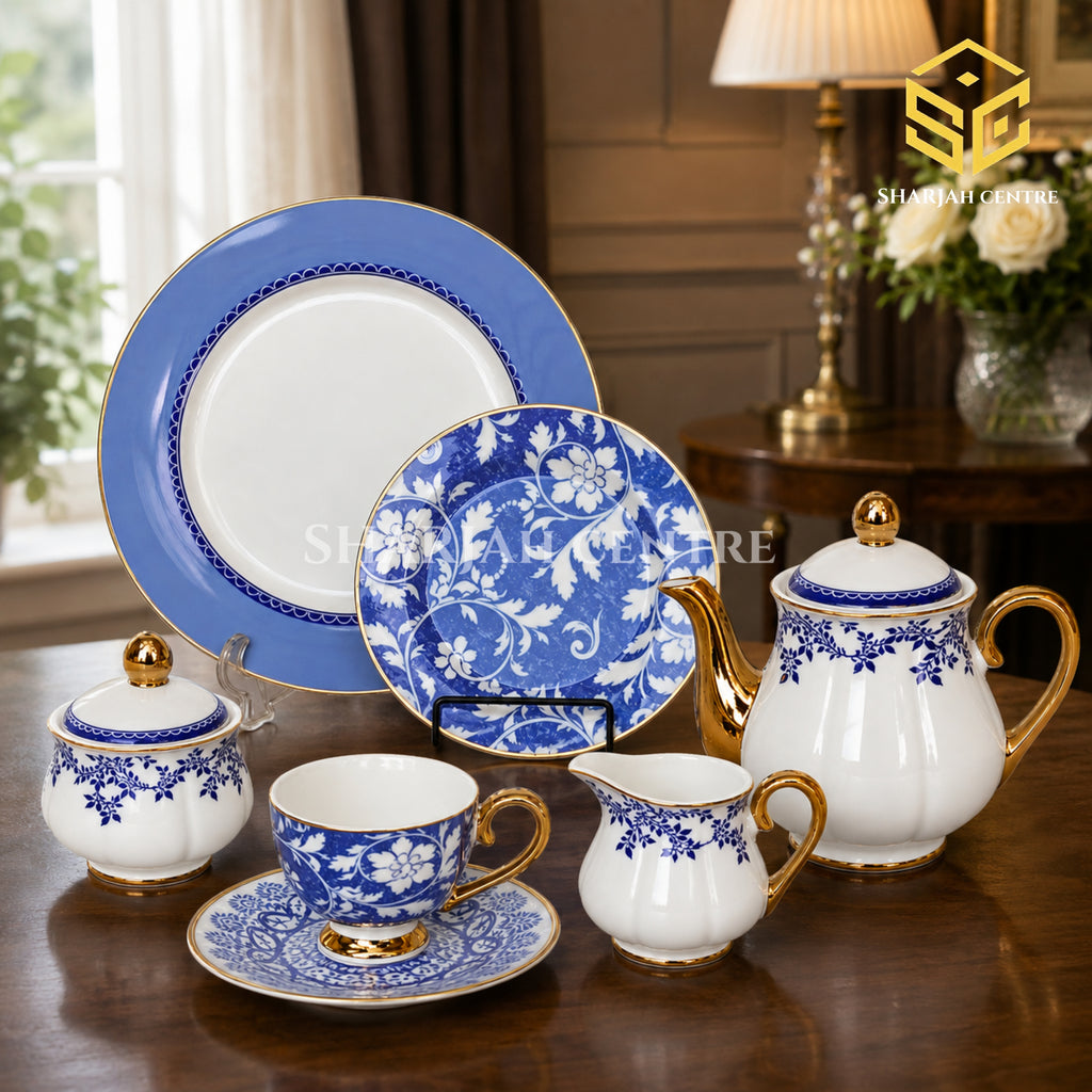 Johanson Bros England 24-piece Super Bone tea set with 6 person serving, blue floral pattern and gold-tone accents color bg
