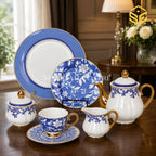 Johanson Bros England 24-piece Super Bone tea set with 6 person serving, blue floral pattern and gold-tone accents color bg