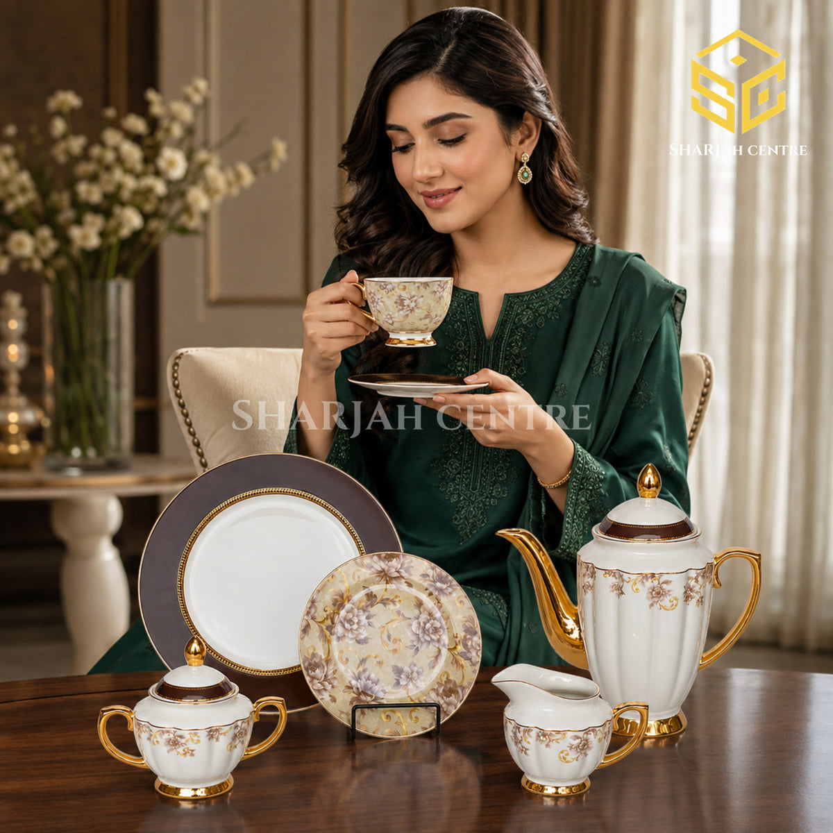 Johanson Bros England 24-piece Super Bone tea set with 6 person serving, brown floral design and gold-tone accents Model bg