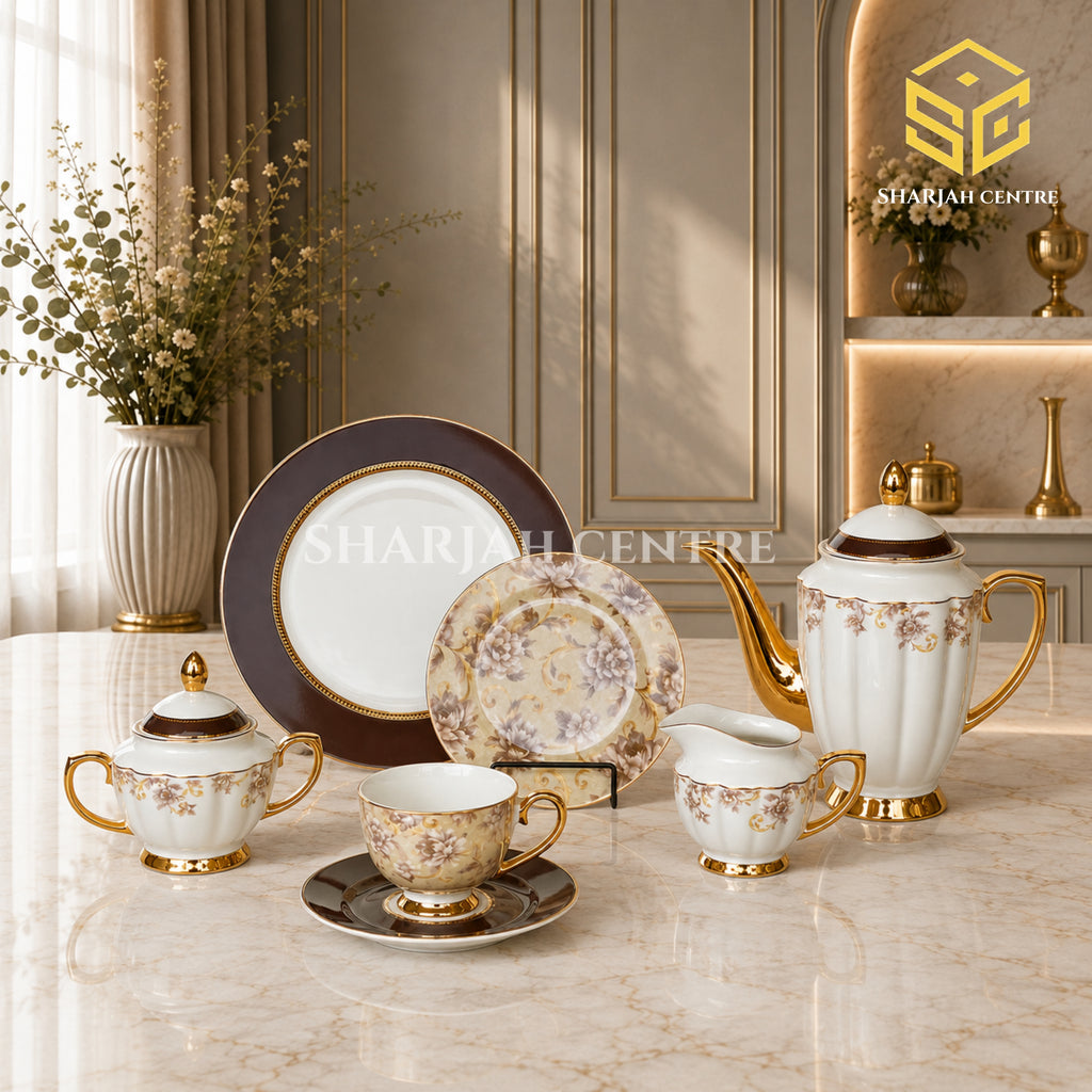 Johanson Bros England 24-piece Super Bone tea set with 6 person serving, brown floral design and gold-tone accents color bg