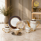 Johanson Bros England 24-piece Super Bone tea set with 6 person serving, brown floral design and gold-tone accents color bg