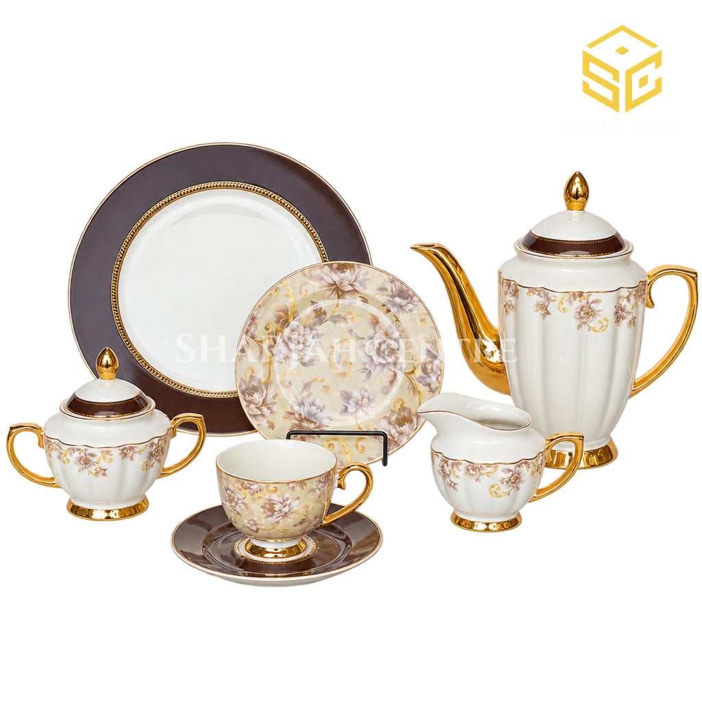 Johanson Bros England 24-piece Super Bone tea set with 6 person serving, brown floral design and gold-tone accents white bg