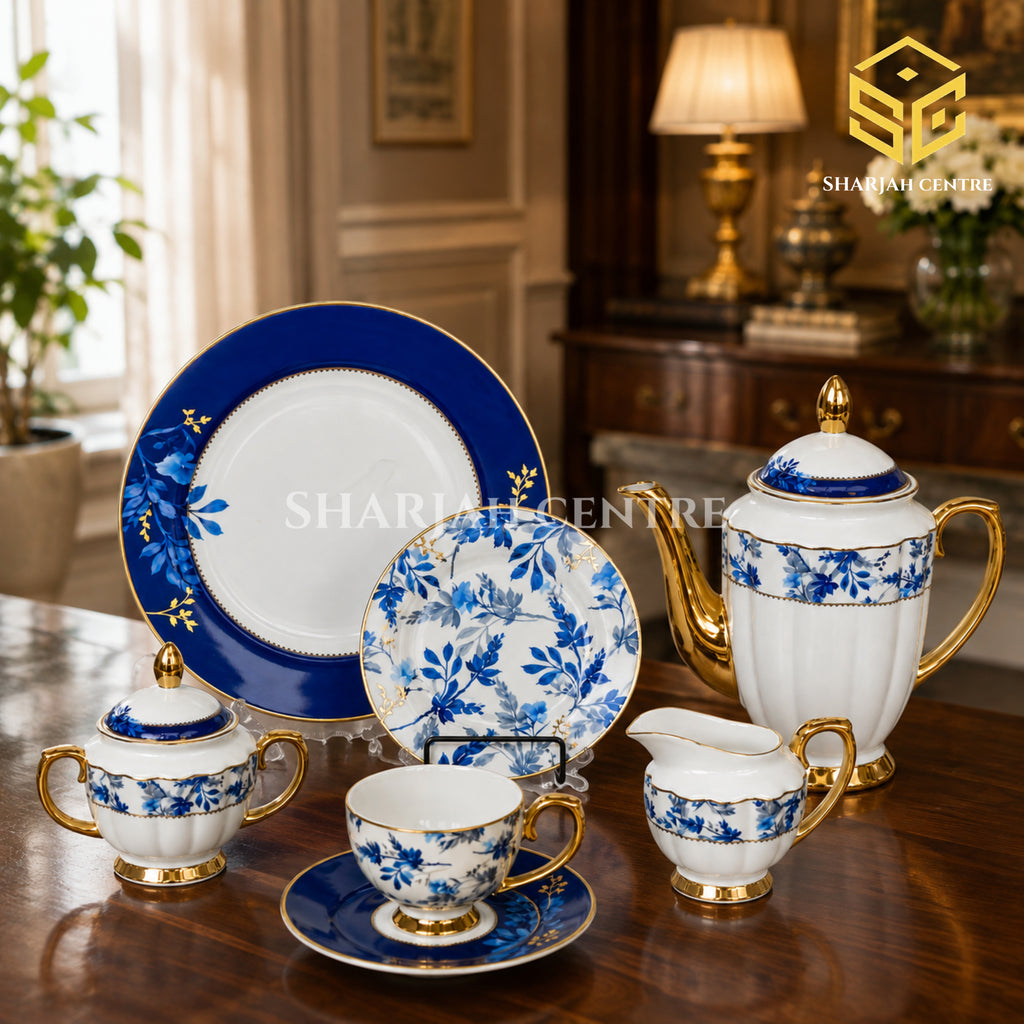 Johanson Bros England 24-piece Super Bone tea set with 6 person serving, cobalt-blue floral design and gold-tone accents color bg