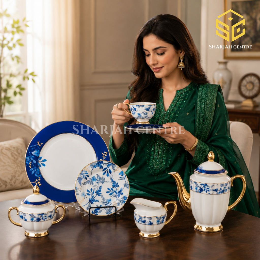 Johanson Bros England 24-piece Super Bone tea set with 6 person serving, cobalt-blue floral design and gold-tone accents model bg