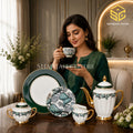 Johanson Bros England 24-piece Super Bone tea set with 6 person serving, green tropical leaf pattern and gold-tone accents model bg