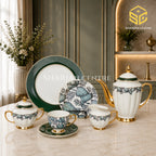 Johanson Bros England 24-piece Super Bone tea set with 6 person serving, green tropical leaf pattern and gold-tone accents color bg