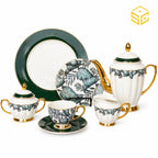 Johanson Bros England 24-piece Super Bone tea set with 6 person serving, green tropical leaf pattern and gold-tone accents white bg