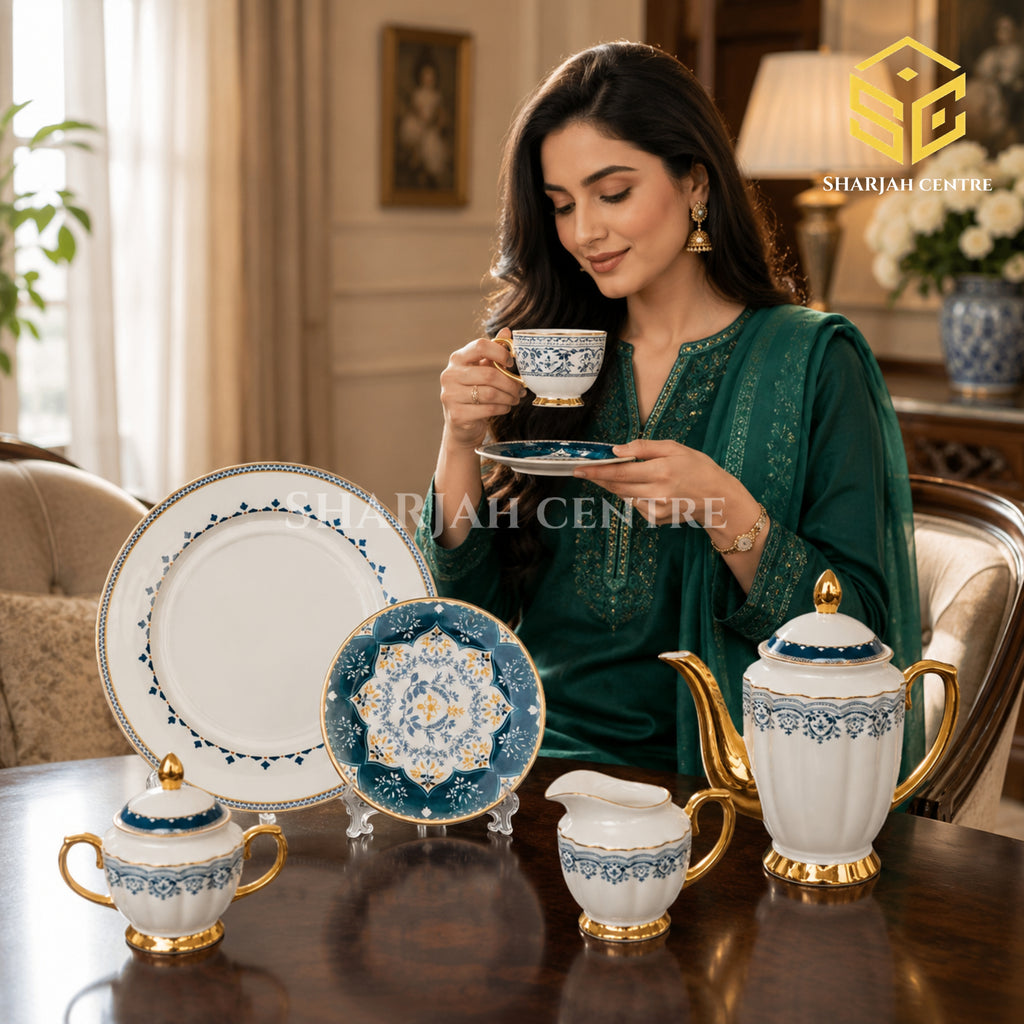 Johanson Bros England 24-piece Super Bone tea set with 6 person serving, teal floral pattern and gold-tone accents model bg