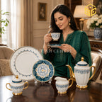 Johanson Bros England 24-piece Super Bone tea set with 6 person serving, teal floral pattern and gold-tone accents model bg