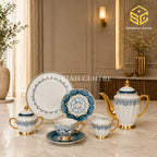 Johanson Bros England 24-piece Super Bone tea set with 6 person serving, teal floral pattern and gold-tone accents color bg