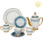 Johanson Bros England 24-piece Super Bone tea set with 6 person serving, teal floral pattern and gold-tone accents white bg