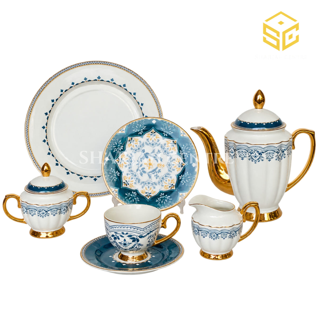 Johanson Bros England 24-piece Super Bone tea set with 6 person serving, teal floral pattern and gold-tone accents white bg