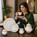 Johanson Bros England 24-piece Super Bone tea set with 6 person serving, white lattice pattern and gold-tone accents model bg