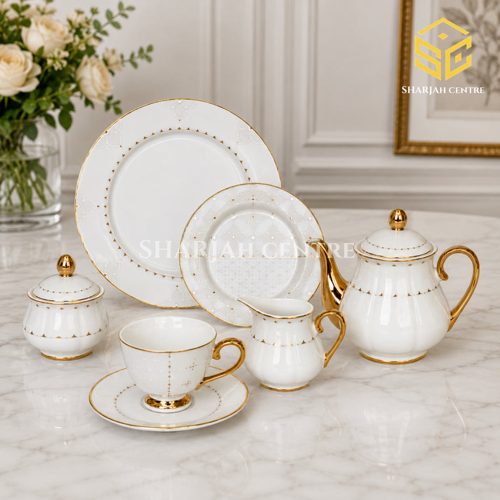 Johanson Bros England 24-piece Super Bone tea set with 6 person serving, white lattice pattern and gold-tone accents  color bg