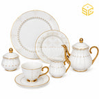 Johanson Bros England 24-piece Super Bone tea set with 6 person serving, white lattice pattern and gold-tone accents white bg