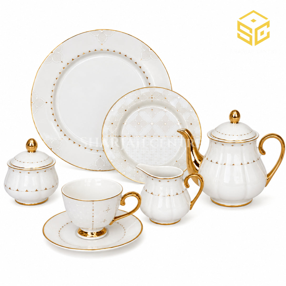 Johanson Bros England 24-piece Super Bone tea set with 6 person serving, white lattice pattern and gold-tone accents white bg