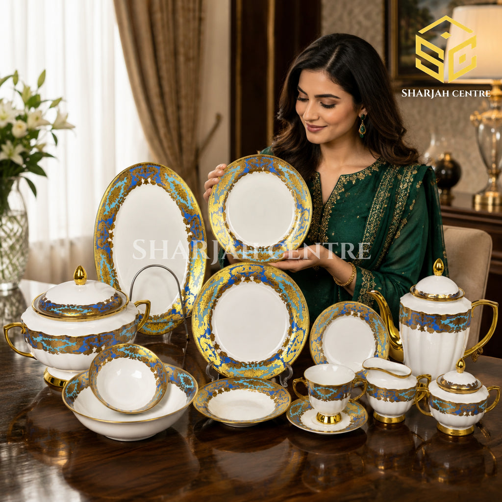 Johnwood 61-piece premium bone china dinner set with royal-blue baroque borders and rich gold detailing for 8 persons model bg
