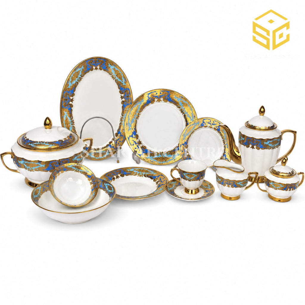 Johnwood 61-piece premium bone china dinner set with royal-blue baroque borders and rich gold detailing for 8 persons white bg