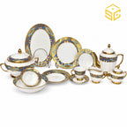 Johnwood 61-piece premium bone china dinner set with royal-blue baroque borders and rich gold detailing for 8 persons white bg