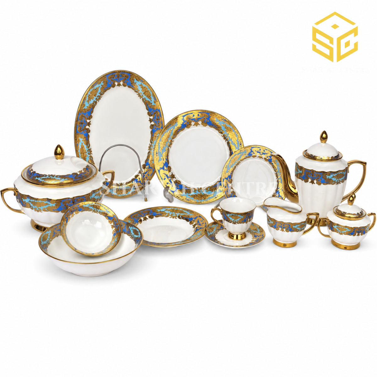 Johnwood 61-piece premium bone china dinner set with royal-blue baroque borders and rich gold detailing for 8 persons white bg