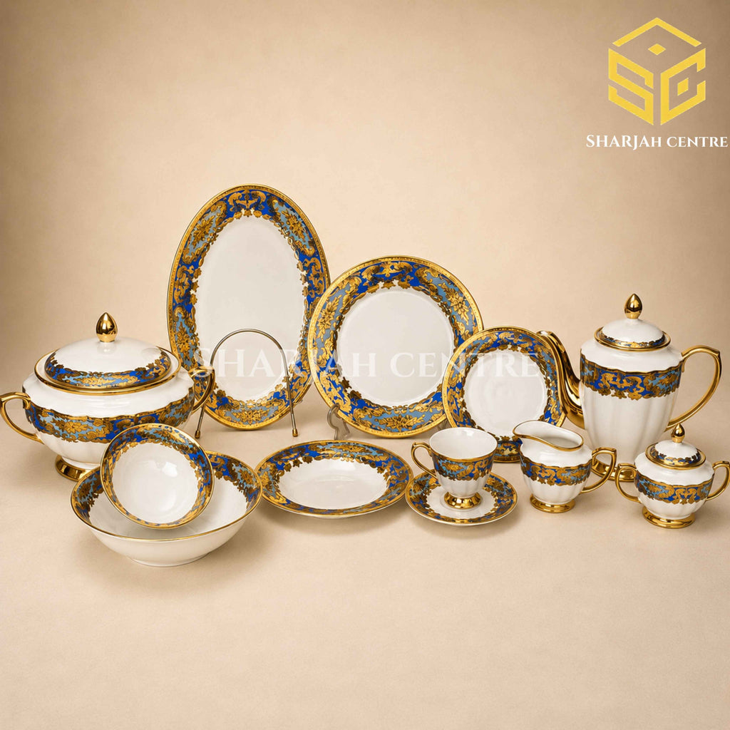 Johnwood 61-piece premium bone china dinner set with royal-blue baroque borders and rich gold detailing for 8 persons bige bg