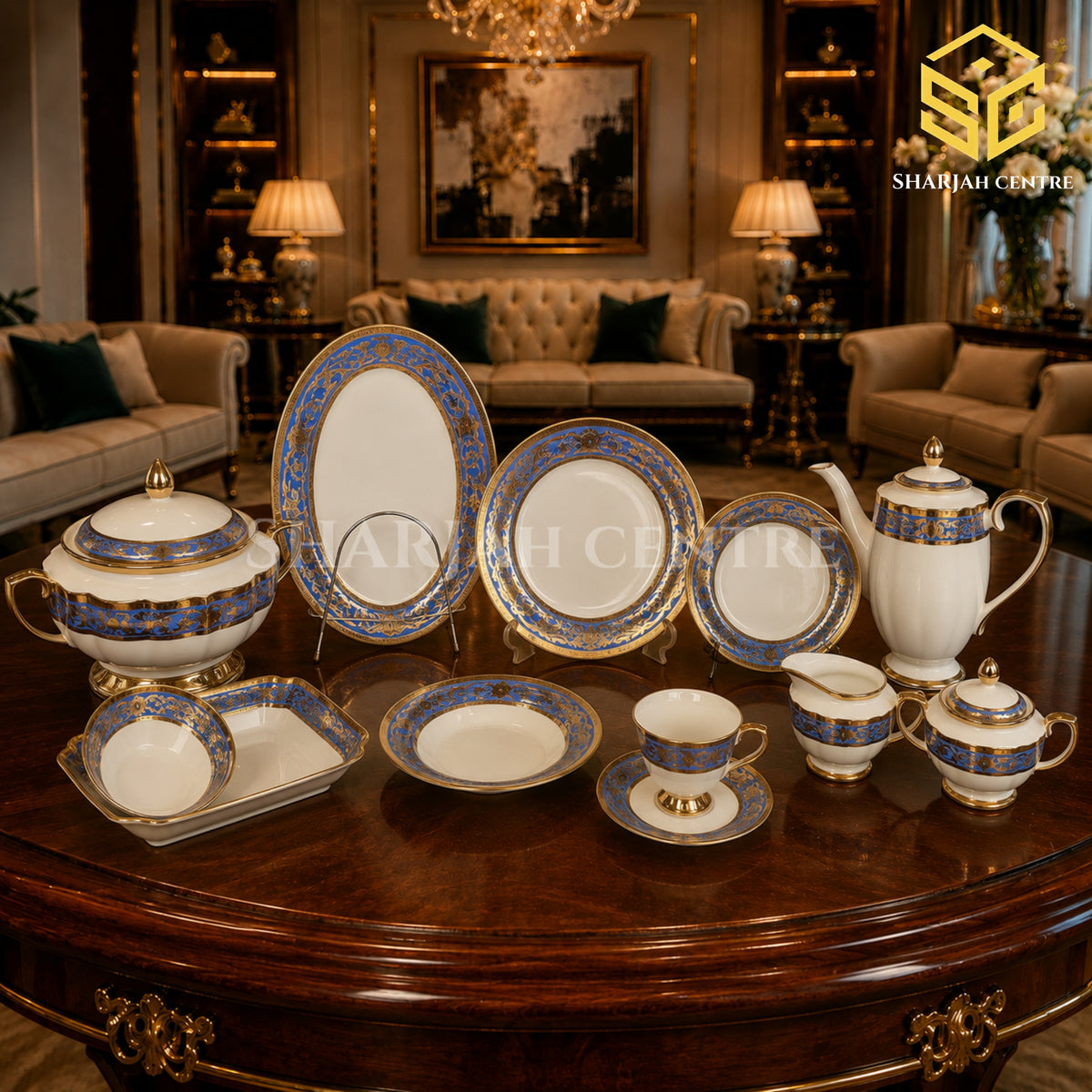 Johnwood 61-piece premium bone china dinner set with royal-blue ornamental borders and gold accents for 8 persons