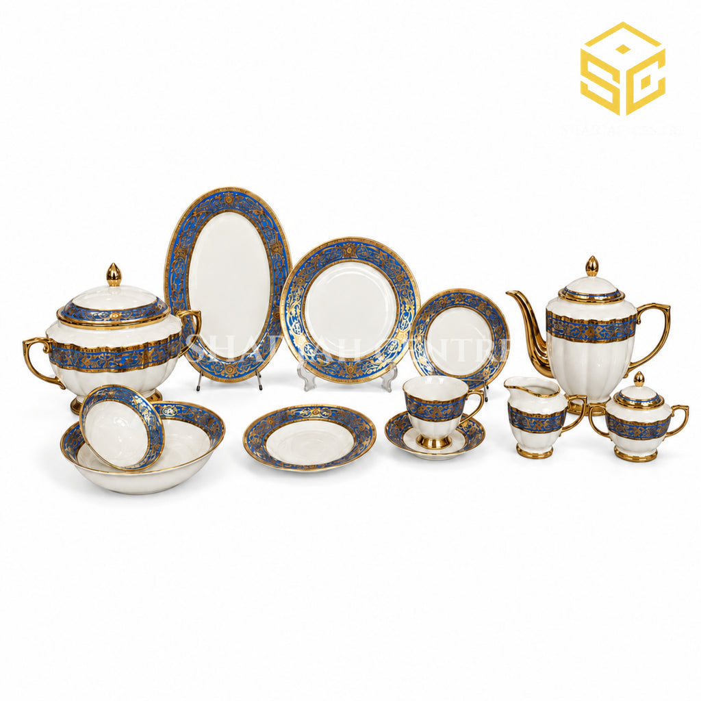 Johnwood 61-piece premium bone china dinner set with royal-blue ornamental borders and gold accents for 8 persons white bg