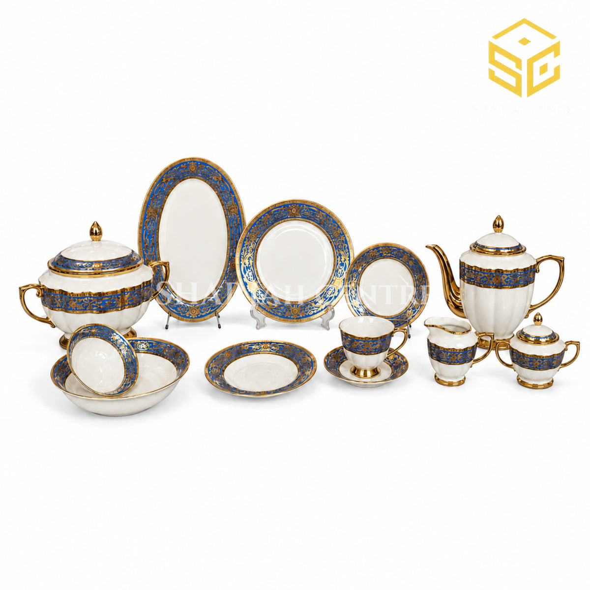 Johnwood 61-piece premium bone china dinner set with royal-blue ornamental borders and gold accents for 8 persons white bg