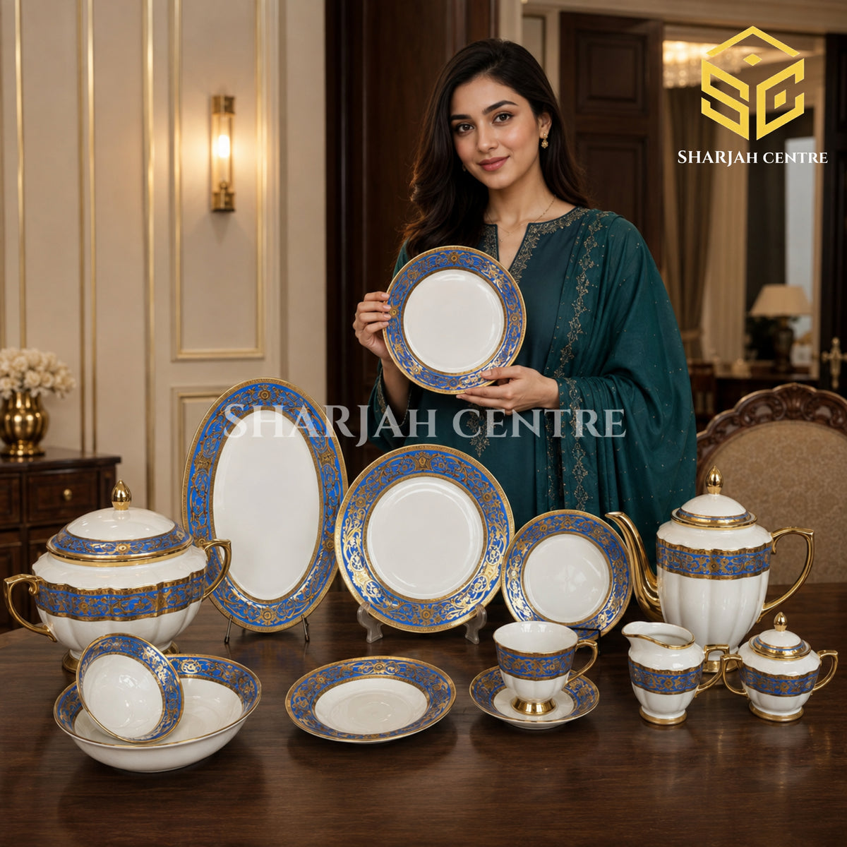 Johnwood 61-piece premium bone china dinner set with royal-blue ornamental borders and gold accents for 8 persons model bg