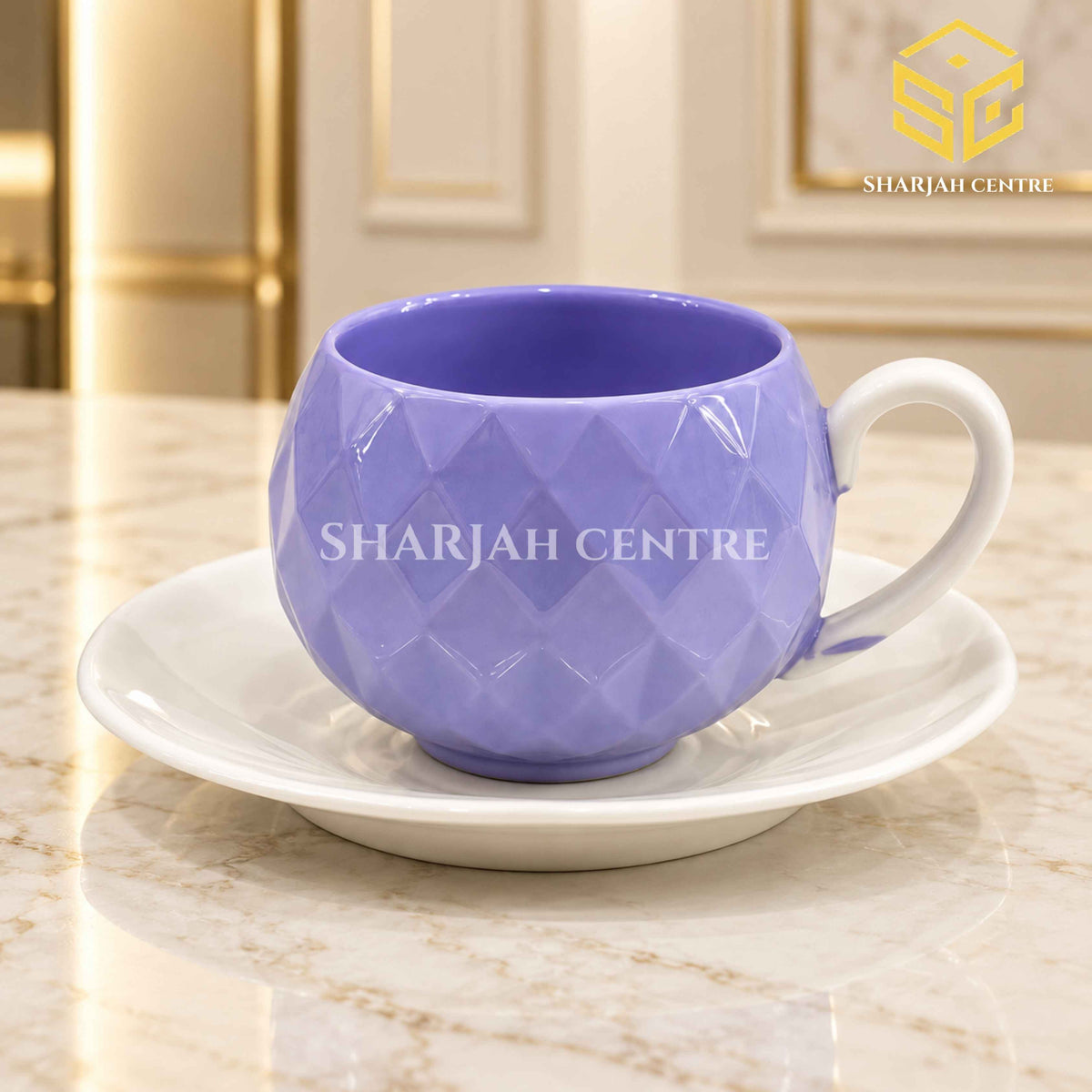 lavender cup and saucer, diamond texture, white saucer, premium tea crockery, Sharjah Centre Multan