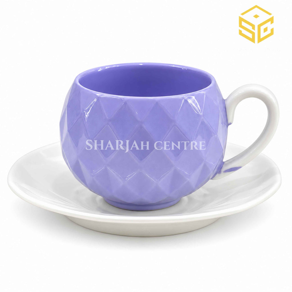 lavender textured cup, white saucer, embossed diamond pattern, luxury tea cup, Sharjah Centre Multan