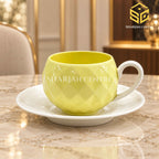 lemon yellow cup and saucer, diamond texture, white saucer, luxury tea crockery, Sharjah Centre Multan