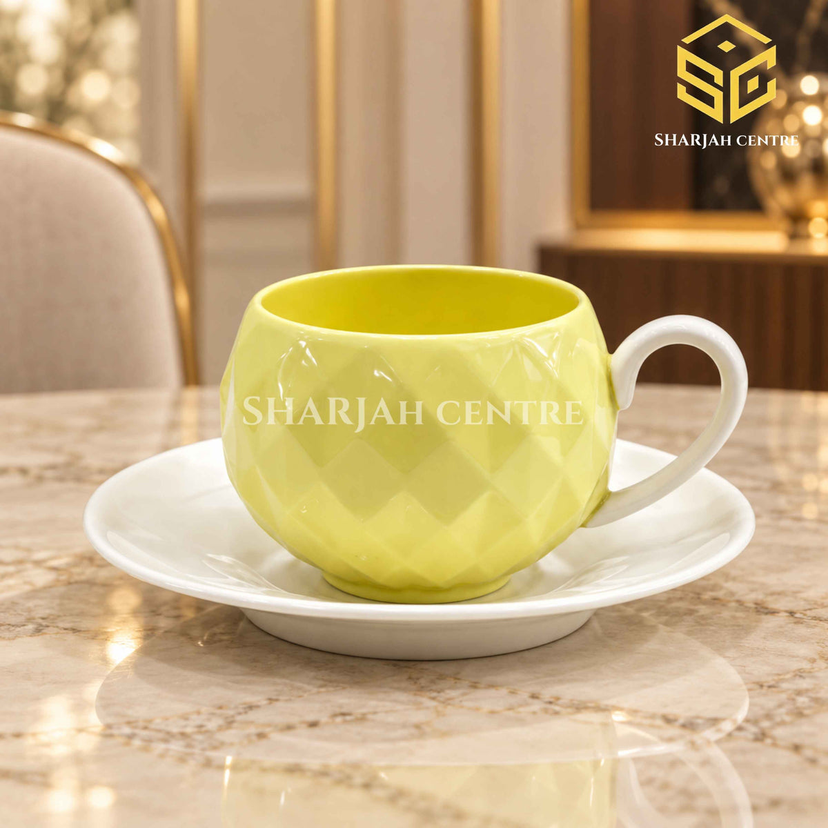 lemon yellow cup and saucer, diamond texture, white saucer, luxury tea crockery, Sharjah Centre Multan