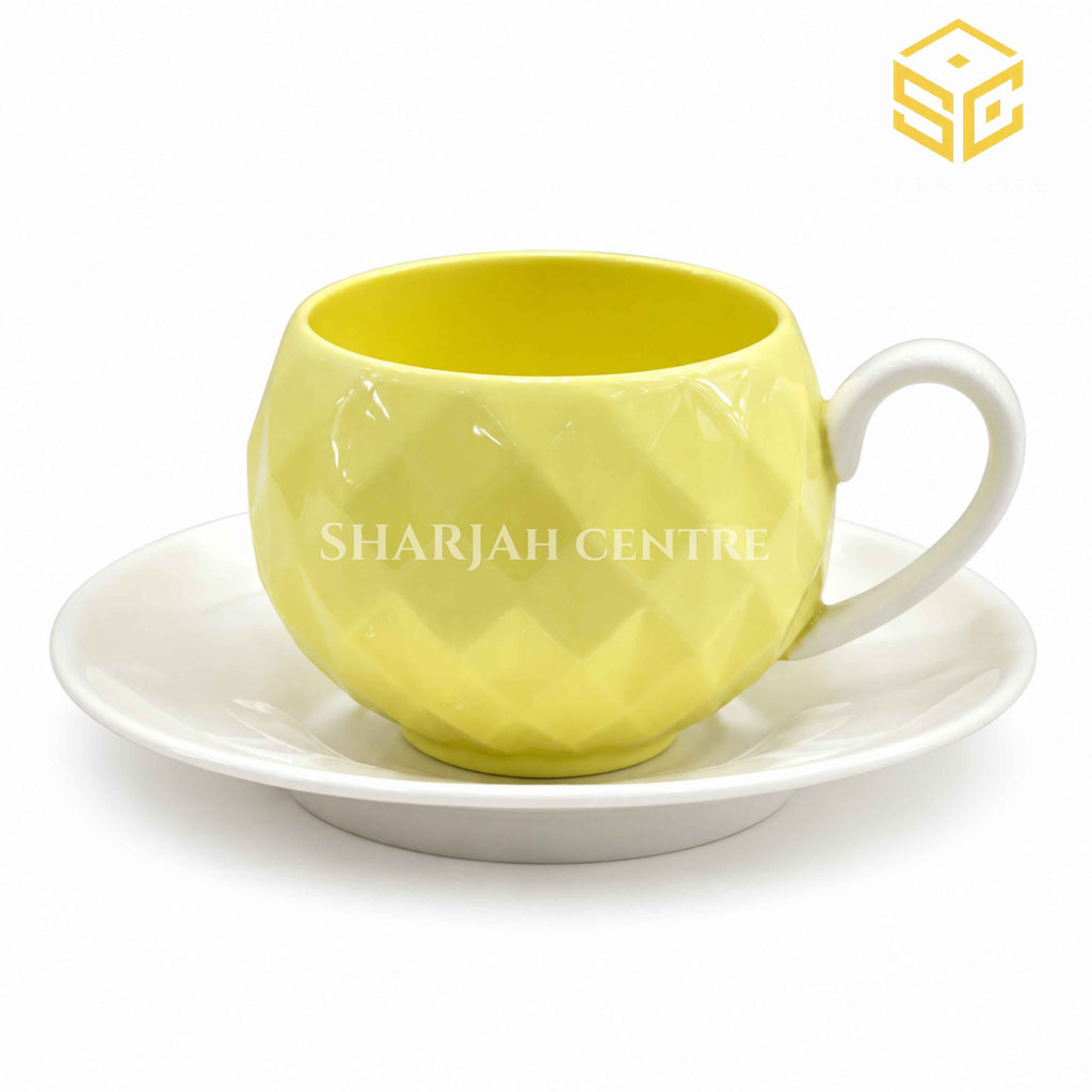 lemon yellow textured cup, white saucer, embossed diamond design, tea cup set, Sharjah Centre Multan