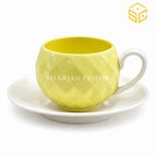lemon yellow textured cup, white saucer, embossed diamond design, tea cup set, Sharjah Centre Multan