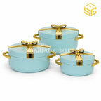 Aqua-blue and gold bow-design 3-piece insulated hotpot set on a white background