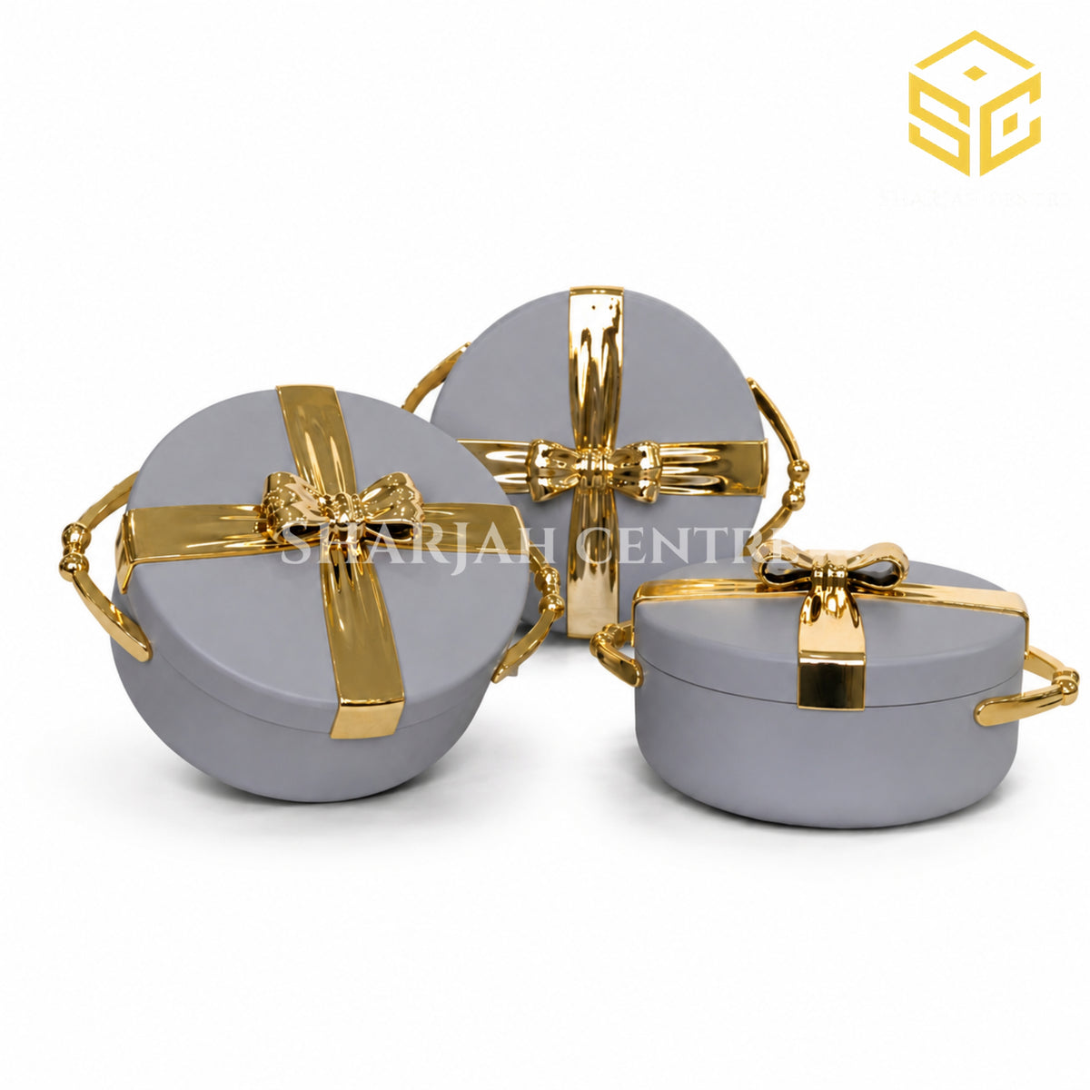 Aqua-blue and gold 3-piece insulated hotpot set displayed on a luxury wooden dining table
